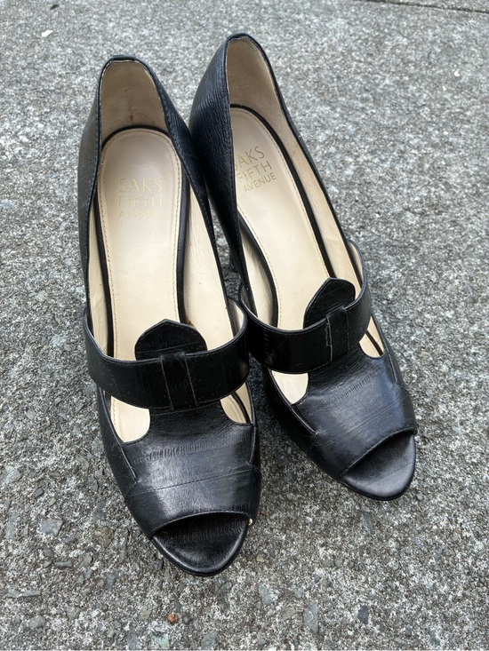Saks Fifth Avenue Shoes - Saks Fifth Avenue Black Leather Peep-Toe Mary Jane Platform Heels